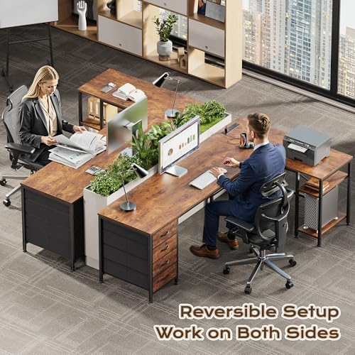 Huuger 63 Inch L Shaped Desk with Fabric Drawers, Computer Office Desk with Power Outlets and USB-C Port, Corner Desk with Storage Shelves, Work Study Home Office, Reversible, Rustic Brown