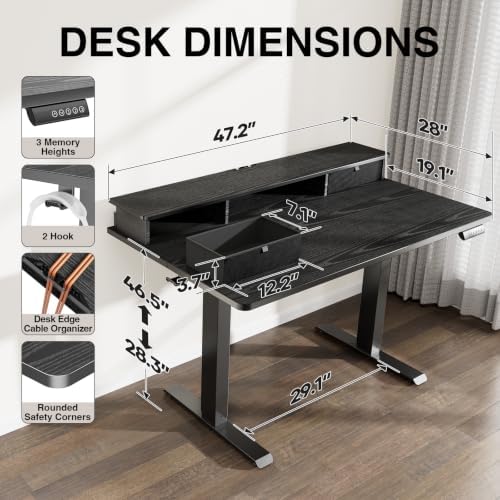 Veken 47x28 in Electric Standing Desk with Drawers, Adjustable Table, Black