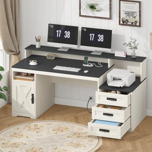 65" Farmhouse Computer Desk with Drawers and Printer Stand for Home Office