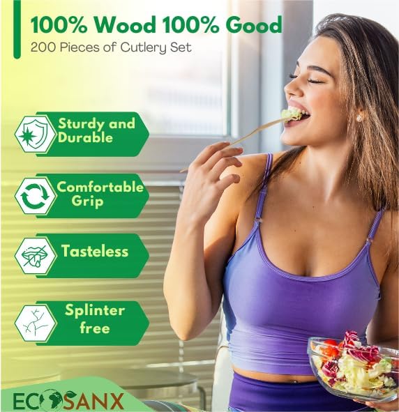 ECOSANX® 200 PCs Disposable Wooden Cutlery set 6.5" Splinter Free Compostable Utensils for party, Eco-Friendly, 100% All-Natural Bamboo Utensils set for picnic, Bamboo cutlery set for Events & More
