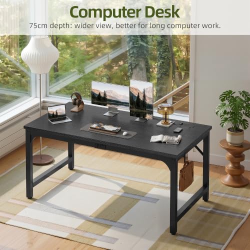 TIQLAB 63 x 30 Inch Extra-Deep Computer Desk with Power Outlets, Heavy-Duty Office Desk, Wide Gaming & Work Desk for Home Office, Black