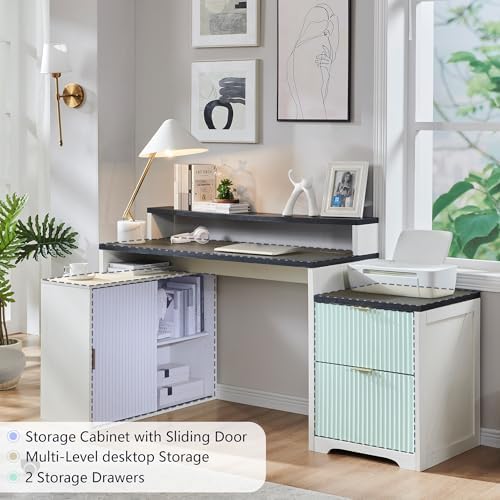 67"Fluted Desk with Cabinet & 2 Drawers, Modern Office Desk Built‑in Outlet