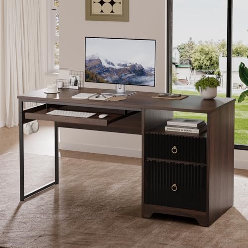 Bestier 55 Inch Wood Computer Desk with File Drawer & Keyboard Tray, Cherry