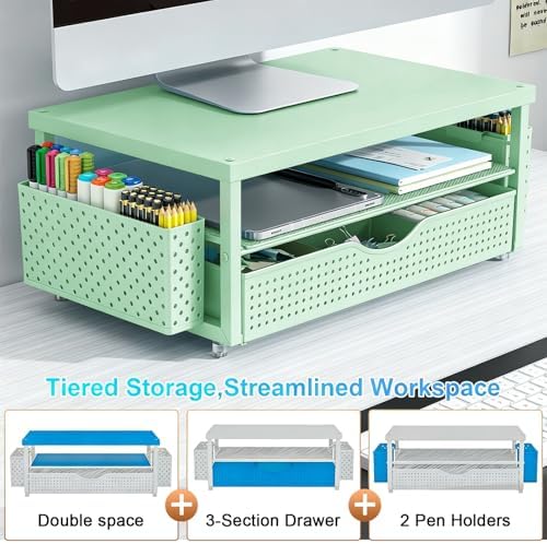 gianotter Desk Organizers and Accessories, Monitor Stand with Drawer and 2 Pen Holder, Desktop Organizer Suitable for Offices and Dormitories (Sage Green)
