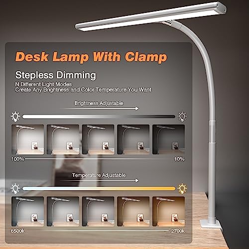 Airlonv LED Desk Lamp with Clamp, 17" Stepless Dimming Light, White