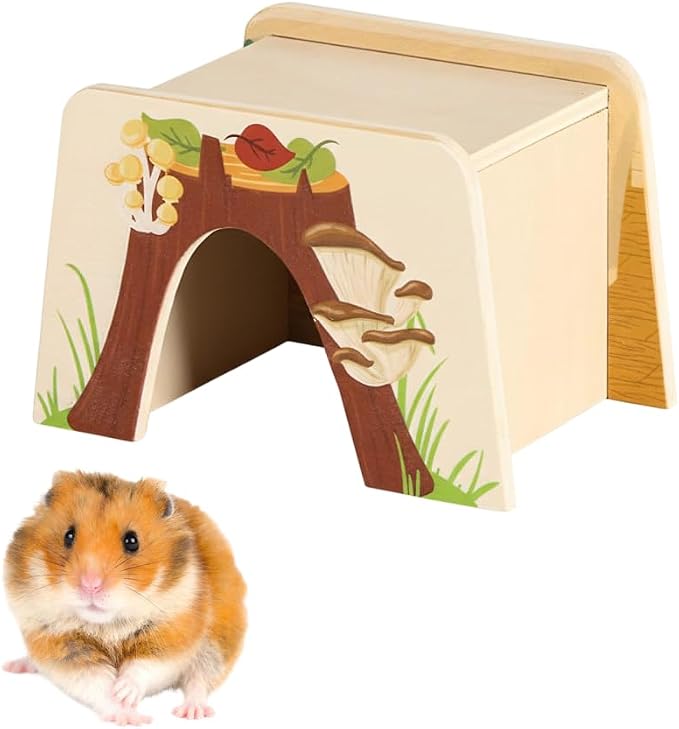 DONGKER Small Animal Hideout, Wooden Gerbil Shelter with Open Bottom for Hamster Hedgehog Reptile Burrowing and Resting
