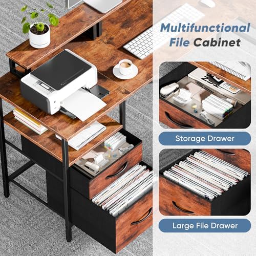 DUMOS 62” L Shaped Desk with Drawers and Power Outlet, Rustic Brown