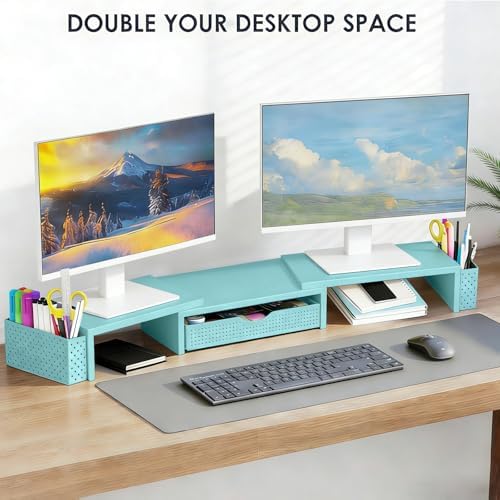 Spacrea Metal Desk Organizers and Accessories, Dual Monitor Stand Riser with Drawer and 2 Pen Holders, Desk Accessories & Workspace Desktop Organizers for Office Supplies (Blue)
