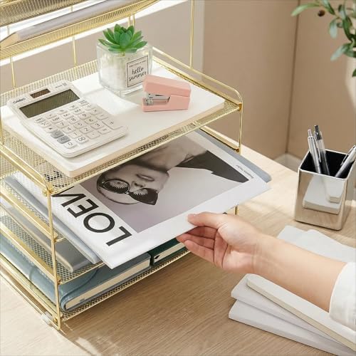 OPNICE Desk Organizer, 6-Tier Paper Organizer Letter Tray, Gold