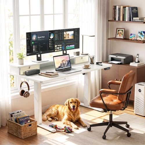 Veken 55x26 in Electric Standing Desk with Drawers, Adjustable Table, White