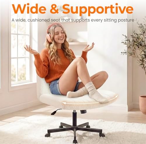 NEO CHAIR Criss Cross Chair with Wheels, Wide Comfy Desk Seat, Teddy White