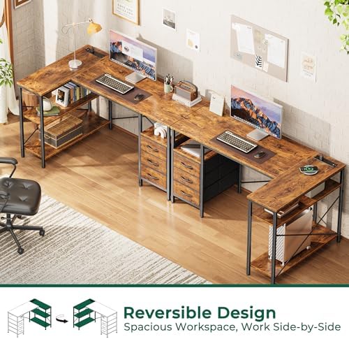 Huuger L Shaped Office Desk with Power Outlets & 3 Drawers