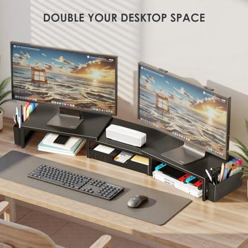 OPNICE Desk Organizers and Accessories, Dual Monitor Stand Riser with Drawer and 2 Pen Holders, Desk Shelf Computer Racks for Office Workspace Organizers, Desktop Organization (Black)