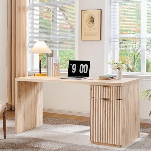 60" Fluted Office Home Desk, Reversible Left‑Right Cabinet, Built‑in Outlet