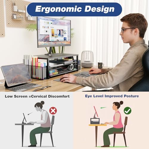 OPNICE Desk Organizer and Accessories, 2-Tier Computer Monitor Stand Riser with Drawer and 2 Pen Holders, Laptop Stand, Office Desk Accessories for Office Supplies, Rose