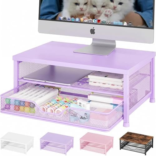 OPNICE Computer Monitor Stand Riser, Desk Organizer with Drawer, Printer & Laptop Stand, Office Desk Accessories & Workspace Desktop Organizers Storage for Office Supplies(Purple)