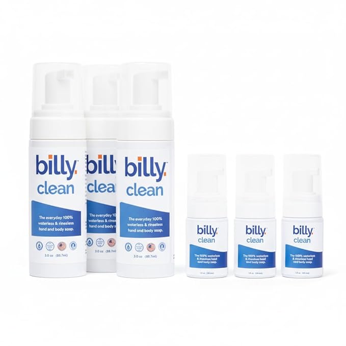 Billy Clean Mix 3-pack 100% Natural No Rinse Waterless Soap, Hand and Body, Travel Size Foaming Hand Sanitizer Alcohol Free, Elderly and Kids