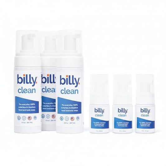 Billy Clean Mix 3-pack 100% Natural No Rinse Waterless Soap, Hand and Body, Travel Size Foaming Hand Sanitizer Alcohol Free, Elderly and Kids