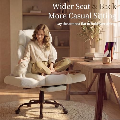 Office Chair with Flip Armrests,Big and Tall Office Chair with Foot Rest,Extra Wide Seat & Lumbar Pillow,Ergonomic Computer Gaming Chair,Comfy Criss Cross Chair for Pets Sitting,Teddy Fleece,White