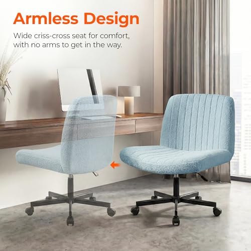 Orange Factory Criss Cross Chair with Wheels, Wide Vanity Seat, Blue Teddy