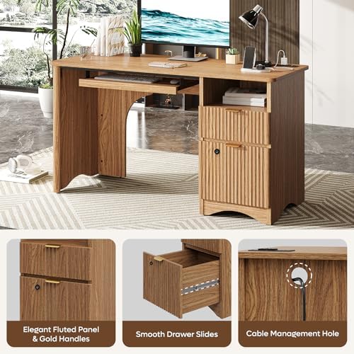 Bestier 55" Office Desk with Locking File Drawer & Charging, Brown