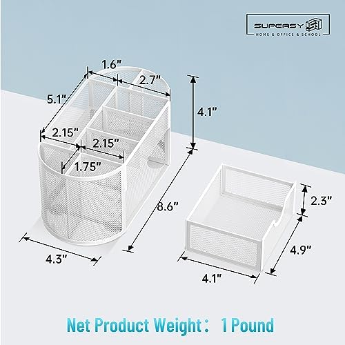 Mesh Desk Organizer with Drawer, 9-Compartment Pen Holder for Desk, White