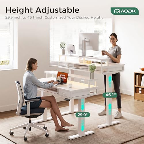 AODK 55 Inch Electric Standing Desk with Drawers & Keyboard Tray, White