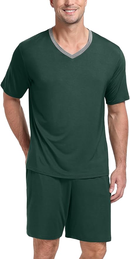 PrinStory Men's Pajama Set Sleepwear Pjs Lightweight Quick Dry Short Sleeve V-Neck Shirts and Shorts Soft Comfy Sleep Sets