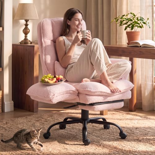 Wider Seat Office Chair with Flip Armrests for Criss Cross Legged&Cats, Big and Tall Executive Ergonomic Reclining Chair with Footrest&Lumbar Pillow, Teddy Fleece Desk Chair,Pink Vanity Chair