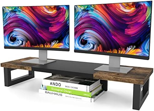 WESTREE Dual Monitor Stand Riser, Wood and Steel Multi-Purpose Desktop Storage Stand for 2 Monitors for Computer, Laptop, Printer, TV, Rustic Brown