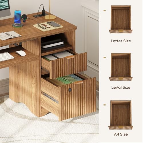 Bestier 55" Office Desk with Locking File Drawer & Charging, Brown