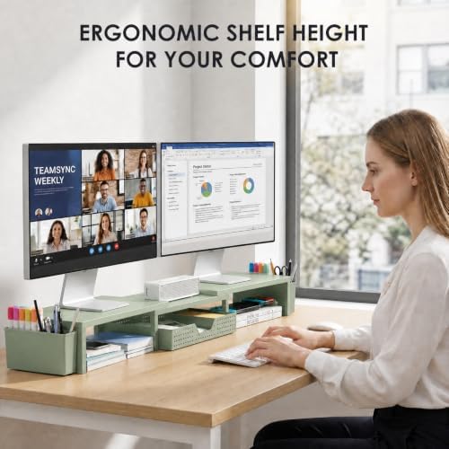 OPNICE Desk Organizers and Accessories, Dual Monitor Stand Riser with Drawer and 2 Pen Holders, Desk Shelf Computer Racks for Office Workspace Organizers, Desktop Organization (Sage Green)