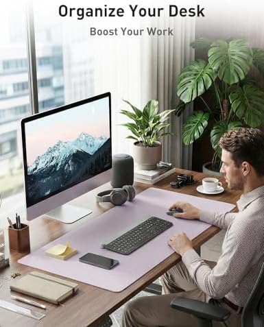 Aothia Faux Leather Desk Mat - Non-Slip PU Leather Desk Blotter, Waterproof Writing Surface, Large Desk Pad for Office & Home (Soft Lavender, 55" x 24")