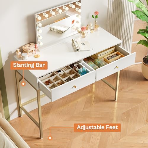 SUPERJARE 39.4" White and Gold Desk with 2 Drawers, Modern Makeup Desk