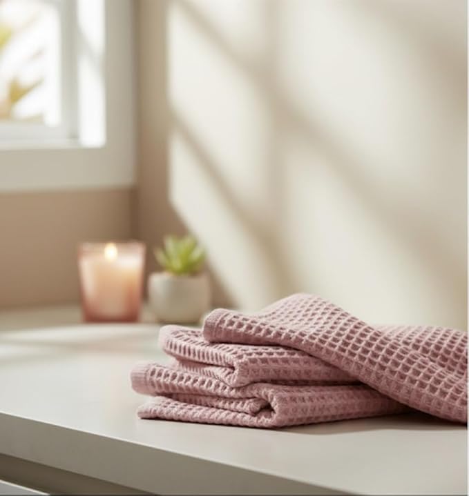 DEMMEX Organic Cotton Waffle Weave Turkish Towel Set for Bathroom, 1 Bath & 2 Large Hand Towels, 100% Oeko-TEX Certified Premium Turkish Cotton, Super Soft Lightweight Quick Dry (Blush Pink)