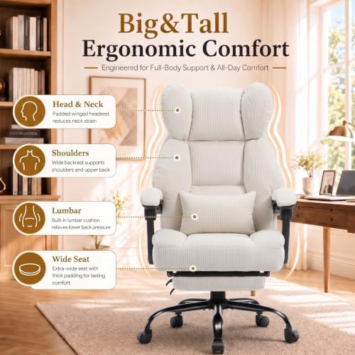 GTPLAYER Big&Tall Ergonomic Gaming Chair, Wide Spring Seat, Linkage Armrest,White