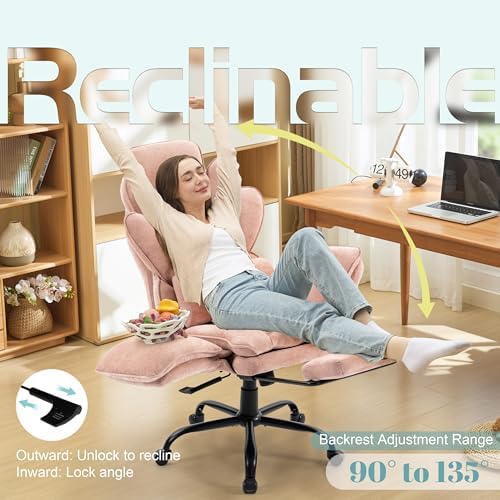 Flip Armrests Criss Cross Office Chair, Reclining Office Chair with Foot Rest, Adjustable Headrest, Massage Waist Pillow, Cross Legged Big and Tall Desk Chair Wide Seat Vanity Chair, Pink Fabric