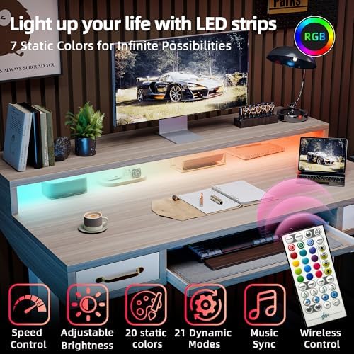 TIQLAB Standing Desk with Two Drawers, Stand Up Standing Desk Adjustable Height, Electric Sit Stand Table with Storage Shelf and Splice Board, with LED Light, 55 * 28 inch, Light Walnut