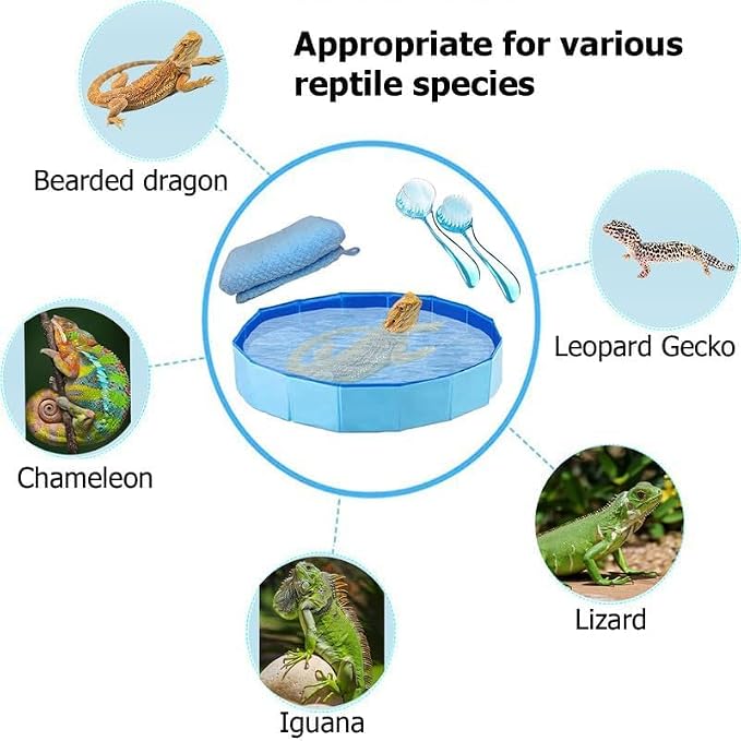 Foldable Bearded Dragon Bathtub with 2PC Reptile Bath Brush and 1PC Lizard Towel, Bearded Dragon Grooming Accessories Portable Swimming Pool for Small Animals Ferret Bunny Dogs (S)