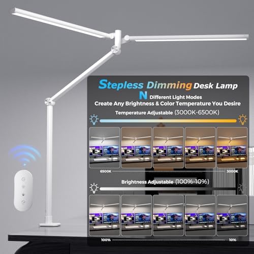 Airlonv LED Desk Lamp, Double Swing Arm Wide Lighting Area Desk Lamps for Home Office with Stepless Dimming, Eye-Caring Architect Desk Light with Clamp for Reading, Study, Workbench, Drafting(White)