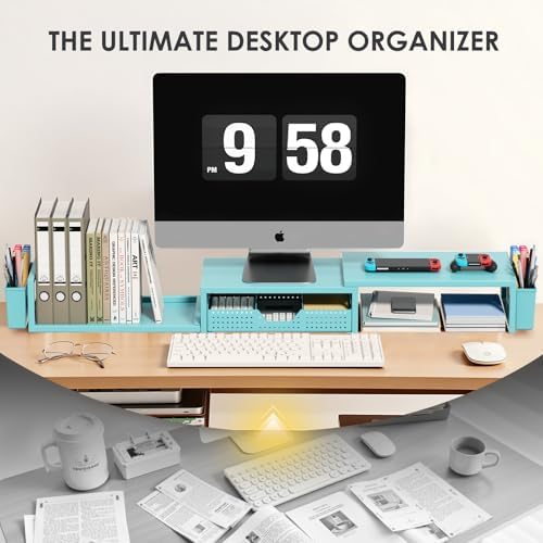 Desk Organizers and Accessories, Dual Monitor Stand Riser with Drawer and 2 Pen Holders, Desk Shelf Computer Racks for Office Workspace Organizers, Desktop Organization (Blue)