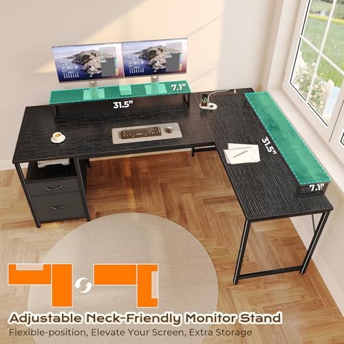 PRAISUN 55 Inch L Shaped Desk with Power Outlets and USB-C Port, Computer Corner Home Office Desk with File Fabric Drawers and Movable Monitor Stand, Larger Storage for Gaming, Work, Black