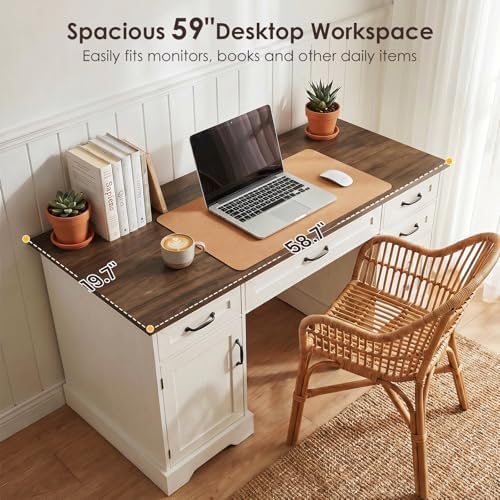 OffiGo Farmhouse 59 Inch Executive Desk with Drawers, Walnut+White