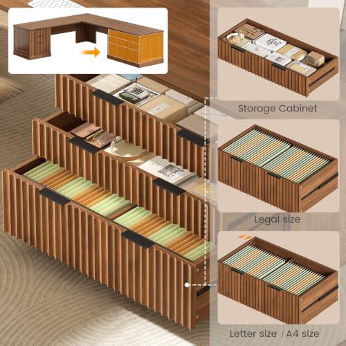 SEDETA Fluted 78.8" L Shaped Desk with 6 Drawers, Fluted Brown