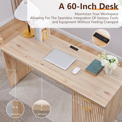 60" Fluted Office Home Desk, Reversible Left‑Right Cabinet, Built‑in Outlet