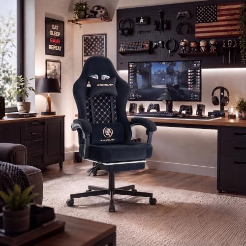 Desk Computer Gaming Chair - High Back Ergonomic Office Chair with Footrest and Lumbar Support, Swivel Comfy Home Gamer Video Game Chairs with Pocket Spring Cushion for Adults (Black Fabric)