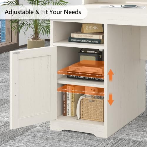 TVU 65" White Computer Desk with Drawers and Printer Stand for Home Office