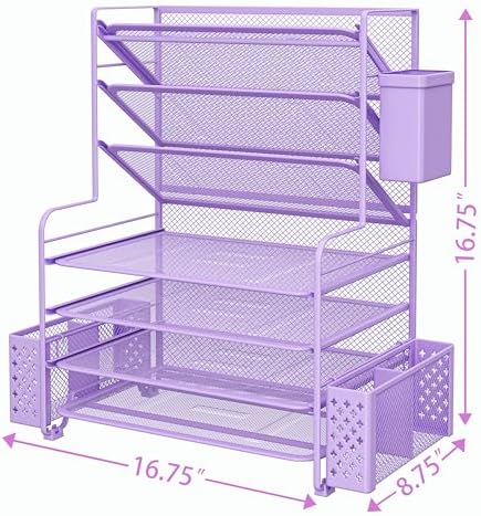Simple Trending 7 Tier Desk File Organizer, Letter Tray Paper Organizer with Pen Holder and Metal Hanging Basket, Purple