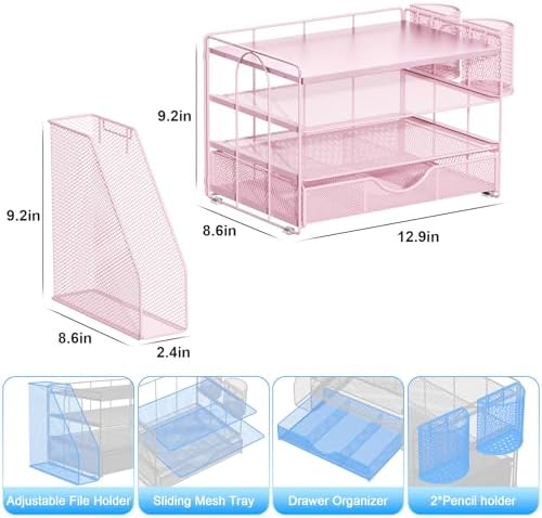 gianotter Wood Desk Organizers and Accessories with File Holder, 4-Tier Desk Accessories & Workspace Organizers with Drawer and 2 Pen Holder, Desk Reference Organizer (Pink, 4T with Metal Drawer)