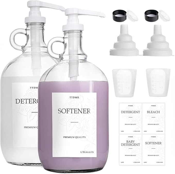 2 Pack Glass Laundry Detergent Dispenser - Gallon Fabric Softener Liquid Dispenser for Laundry Room (128 oz Each), Liquid Laundry Soap Dispenser - Includes Labels, Funnel, and Measuring Cup